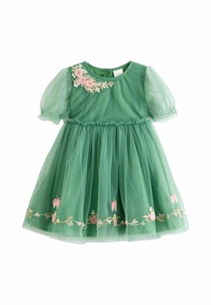 Grünes Kleinkinderkleid mit transparenten Puffärmeln, Blumenstickerei auf der Schulter und am Saum und einem gerafften Tüllrock.