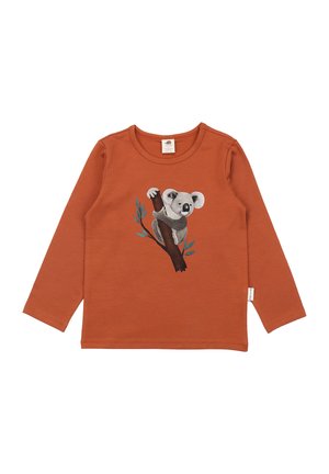 Rust-colored long-sleeve shirt with a graphic of a koala clinging to a tree branch with green leaves in the center front.