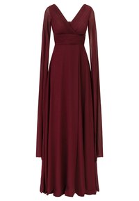 Bordeaux pitkä mekko, jossa on V-pääntie, pleatattu yläosa ja läpinäkyvät pitkät hihat. Mekossa on virtaava helma ja sileä pinta.