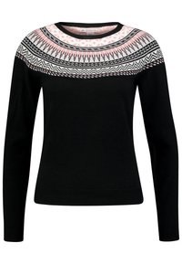 Svart tröja med långa ärmar, mönstrad ok i vitt, rosa och svart. Har geometriska mönster och ett ribbat halsringning och nederkant.