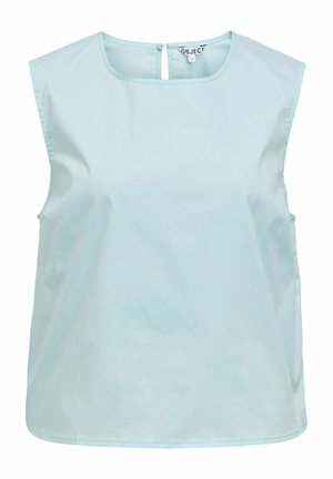 Blouse sans manches bleu clair avec encolure carrée, coupe ample et fermeture à boutons dans le dos au niveau du col.