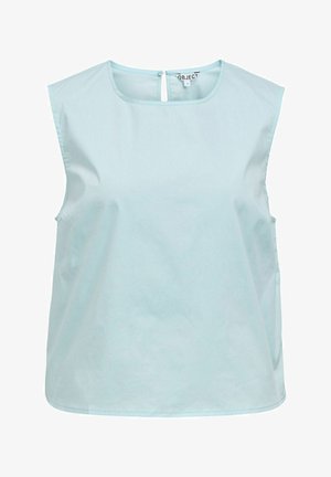 Blouse sans manches bleu clair avec encolure carrée, coupe ample et fermeture à boutons dans le dos au niveau du col.