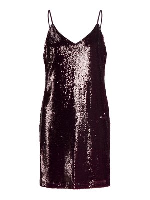 Vestido mini sin mangas con escote en V, hecho de tela burdeos cubierta de brillantes lentejuelas, creando un efecto degradado con diferentes reflejos de luz.