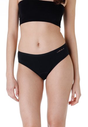 Slip in cotone nero caratterizzato da una superficie liscia, un design minimalista, con una cintura elastica e un dettaglio del logo in oro.