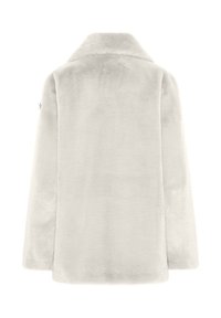 Faux fur jas in lichtgrijs, met een notch kraag en lange mouwen. Zachte textuur met strakke lijnen en geen zichtbare sluitingen of versieringen.