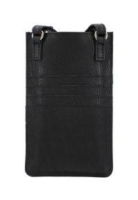 Černá kožená crossbody taška s texturovaným povrchem, několika sloty na karty a stříbrným kováním. Jednoduchý obdélníkový tvar s nastavitelnými popruhy.