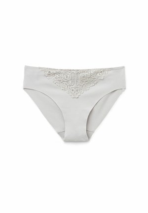 Light gray panties featuring a triangular lace accent on the front. Smooth texture with elastic edges, no visible hardware or patterns.
