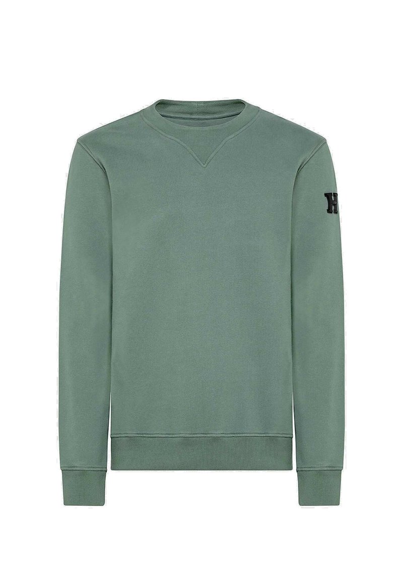 Felpa in verde opaco, con design a V, polsini a costine e dettaglio del logo sulla manica sinistra. Tessuto morbido.