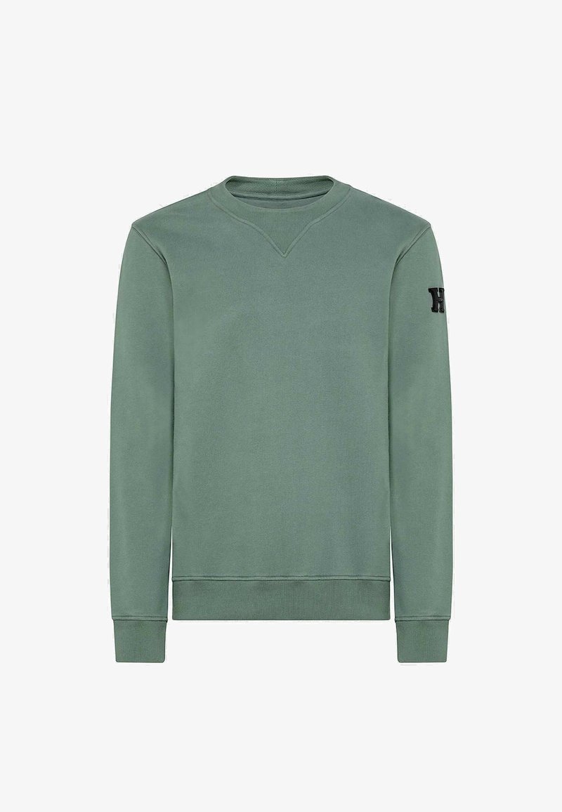 Felpa in verde opaco, con design a V, polsini a costine e dettaglio del logo sulla manica sinistra. Tessuto morbido.
