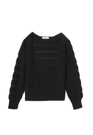 Pull noir en maille avec des rayures texturées et un col bateau. Doté de manches longues légèrement bouffantes et d'une taille ajustée.