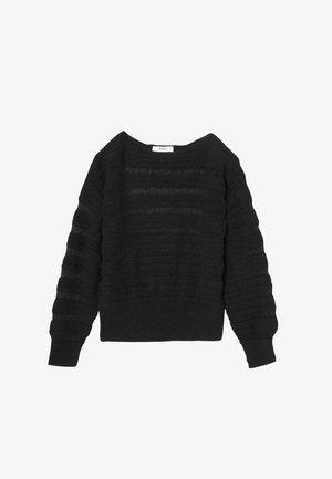 Pull noir en maille avec des rayures texturées et un col bateau. Doté de manches longues légèrement bouffantes et d'une taille ajustée.