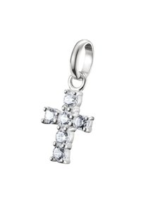 Ciondolo a croce d'argento con cinque pietre preziose rotonde e trasparenti, superfici lisce e un'asola rotonda per il fissaggio.