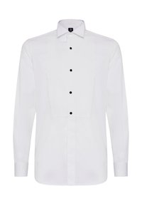 Chemise blanche à manches longues avec un design à plis sur le devant, boutons noirs et col classique. Fabriquée en tissu doux.