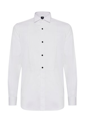 Biała koszula z długim rękawem z plisowanym przodem, czarnymi guzikami i klasycznym kołnierzykiem. Wykonana z gładkiego materiału.