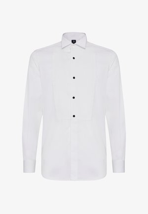 Witte lange mouwen shirt met een geplooid voorontwerp, zwarte knopen en een klassieke kraag. Gemaakt van een gladde stof.