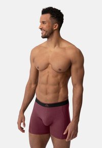 Boxers ajustés couleur bordeaux avec une taille noire arborant un logo. Fabriqués en tissu doux, mettant en avant un design ajusté et une texture lisse.