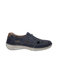 Námořnické modré kožené boty na slip-on s perforovaným designem a hnědými akcenty. Obsahují kontrastní bílé prošívání a polstrovanou podrážku.