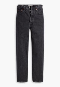 Jeans en denim noir avec une coupe décontractée, dotés d'un zip boutonné, de cinq poches et d'une légère décoloration. Des rivets en cuivre accentuent les coutures latérales.