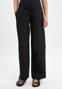 Black linen wide-leg pants with an elastic waistband and drawstring, featuring side pockets and a smooth, textured finish.