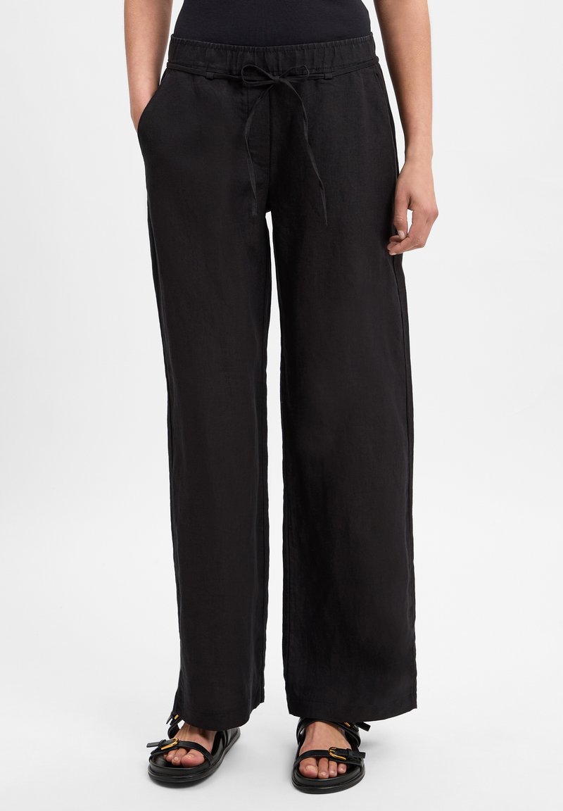 Black linen wide-leg pants with an elastic waistband and drawstring, featuring side pockets and a smooth, textured finish.