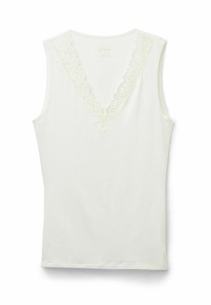 Witte mouwloze top met een V-halslijn, voorzien van kantafwerking langs de halslijn. Gemaakt van een zachte stof met een gladde textuur.