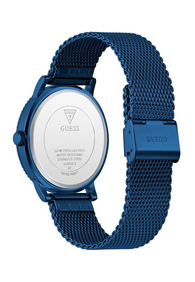 Reloj de acero inoxidable azul con correa de malla, resistente al agua hasta 50 metros. Presenta una caja redonda y un fondo pulido en plata.