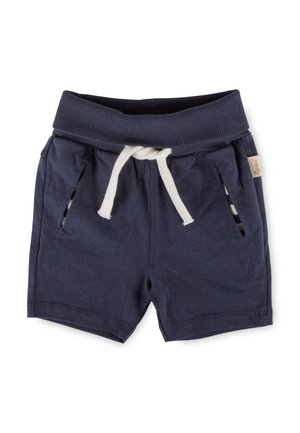 Pantaloncini blu navy per bambini piccoli con fascia in vita a coste, laccio bianco e tasche laterali con fodera interna a righe.