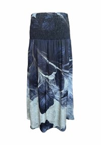 Robe bustier avec corsage smocké noir et jupe fluide ornée d'un grand imprimé floral bleu foncé et blanc.