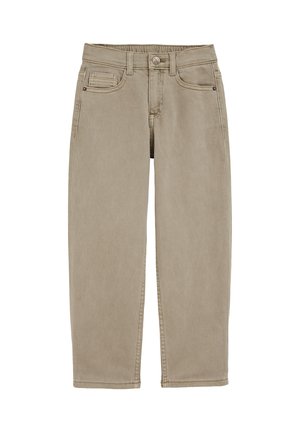 Pantalon en denim beige à coupe droite, bandeau élastique, poches avant et une seule poche arrière. Tissu texturé avec des détails de couture.