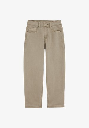 Beiga denimbyxor med rak passform, elastisk midja, framfickor och en enda bakficka. Strukturerad tyg med sömnadsdetaljer.