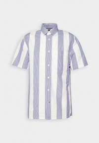 Koszula z krótkim rękawem w jasnoniebieskie i białe paski, wykonana z bawełny, z kołnierzykiem zapinanym na guziki oraz kieszenią na piersi po lewej stronie.