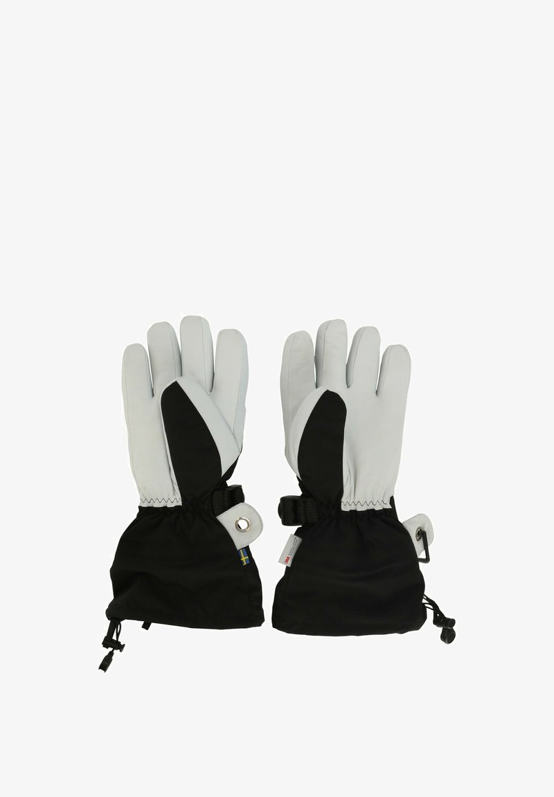 Vandtætte vinterhandsker i grå og sort. Funktioner omfatter elastiske manchetter, justerbare stropper og en struktureret grebsflade.