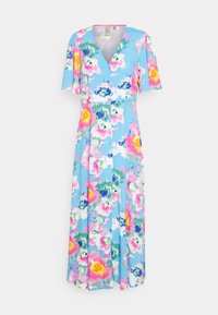 Vestido midi floral com decote em V, mangas curtas e esvoaçantes, e uma base azul clara. Apresenta padrões florais multicoloridos e uma silhueta solta.