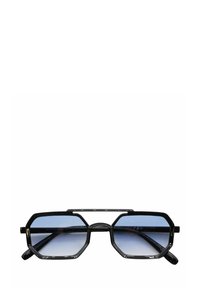 Occhiali da sole neri a forma ottagonale con doppia asta superiore e lenti blu sfumate. Le montature hanno una finitura lucida e aste laterali sottili.