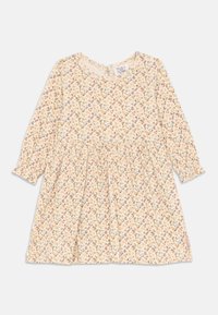 Langärmliges Kleid mit floralem Muster aus weichem, cremefarbenem Stoff. Verfügt über eine geraffte Taille und elastische Bündchen mit kleinen, bunten Blumen überall.