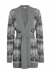 Szary sweter kardigan z dzianiny z wiązaniem do owijania, z geometrycznym wzorem w ciemnoszarym i kremowym kolorze, zakończony prążkowanymi mankietami i teksturowanym wzorem.