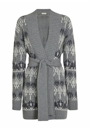 Szary sweter kardigan z dzianiny z wiązaniem do owijania, z geometrycznym wzorem w ciemnoszarym i kremowym kolorze, zakończony prążkowanymi mankietami i teksturowanym wzorem.