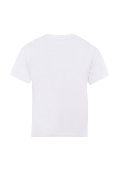 Maglietta bianca in cotone con maniche corte e design a girocollo. Texture liscia, stile minimalista, senza motivi o loghi visibili sul retro.