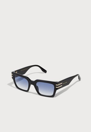 Black sunglasses with a rectangular frame, blue gradient lenses, and gold accent stripes on the arms. Textured surface with a glossy finish.