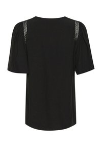 Blusa nera con maniche corte a sbuffo, dettagli in mesh testurizzato sulle spalle e una vestibilità rilassata con scollo rotondo.