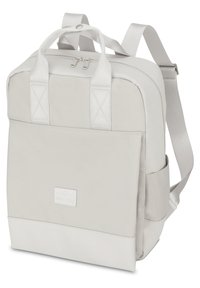 Szürke vászon hátizsák dupla felső kapaszkodókkal, állítható pántokkal, cipzáros záródással, elülső zsebbel és texturált alsó résszel.