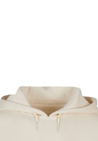 Cremfarbener Kapuzenpullover mit glatter Textur, Kordelzügen am Hals und einem schlichten Design.