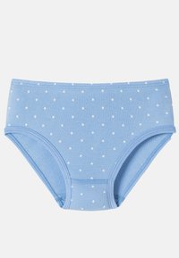 Blaue Baumwoll-Boyshorts mit weißen Punktmustern, einer glatten Textur, einem elastischen Bund und genähten Säumen.
