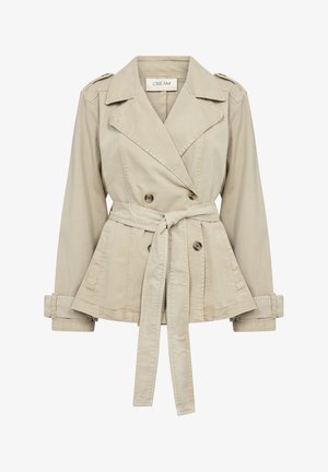 Vaaleanbeige puuvillasekoitetakki, jossa on kaksirivinen nappivarsimuotoilu, irrotettava solkia vyö ja olkapäät. Takissa on kiertokäyrätyyli hihansuissa ja peplum-helma.