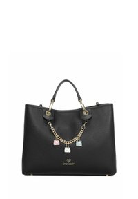 Borsa tote nera in pelle con finitura testurizzata, catena metallica con charm a lucchetto colorati, doppio manico superiore e logo in basso.