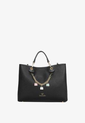 Borsa tote nera in pelle con finitura testurizzata, catena metallica con charm a lucchetto colorati, doppio manico superiore e logo in basso.
