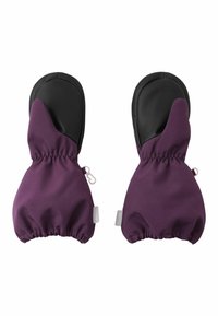 Lila Fäustlinge mit schwarzen, strukturierten Handflächen, elastischen Bündchen und Zuglaschen für sicheren Sitz. Hergestellt aus einem strapazierfähigen, wetterbeständigen Material.