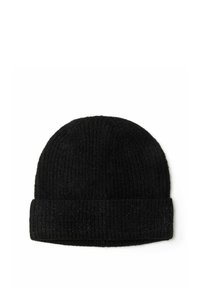 Bonnet en tricot noir avec une texture côtelée et un revers replié. Fabriqué en matériau doux, il présente une finition lisse et un design minimaliste.