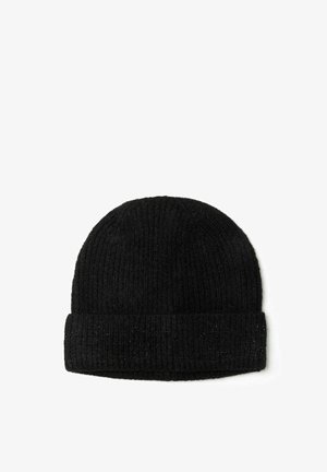 Bonnet en tricot noir avec une texture côtelée et un revers replié. Fabriqué en matériau doux, il présente une finition lisse et un design minimaliste.