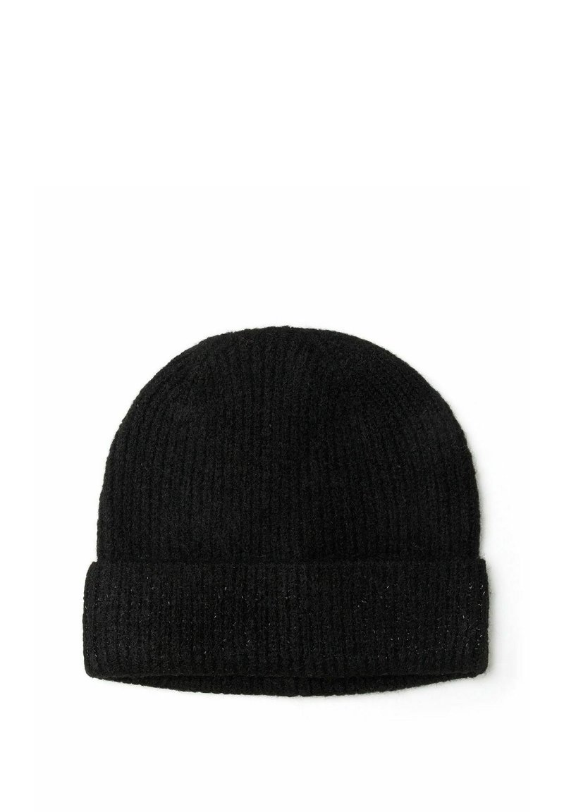 Bonnet en tricot noir avec une texture côtelée et un revers replié. Fabriqué en matériau doux, il présente une finition lisse et un design minimaliste.